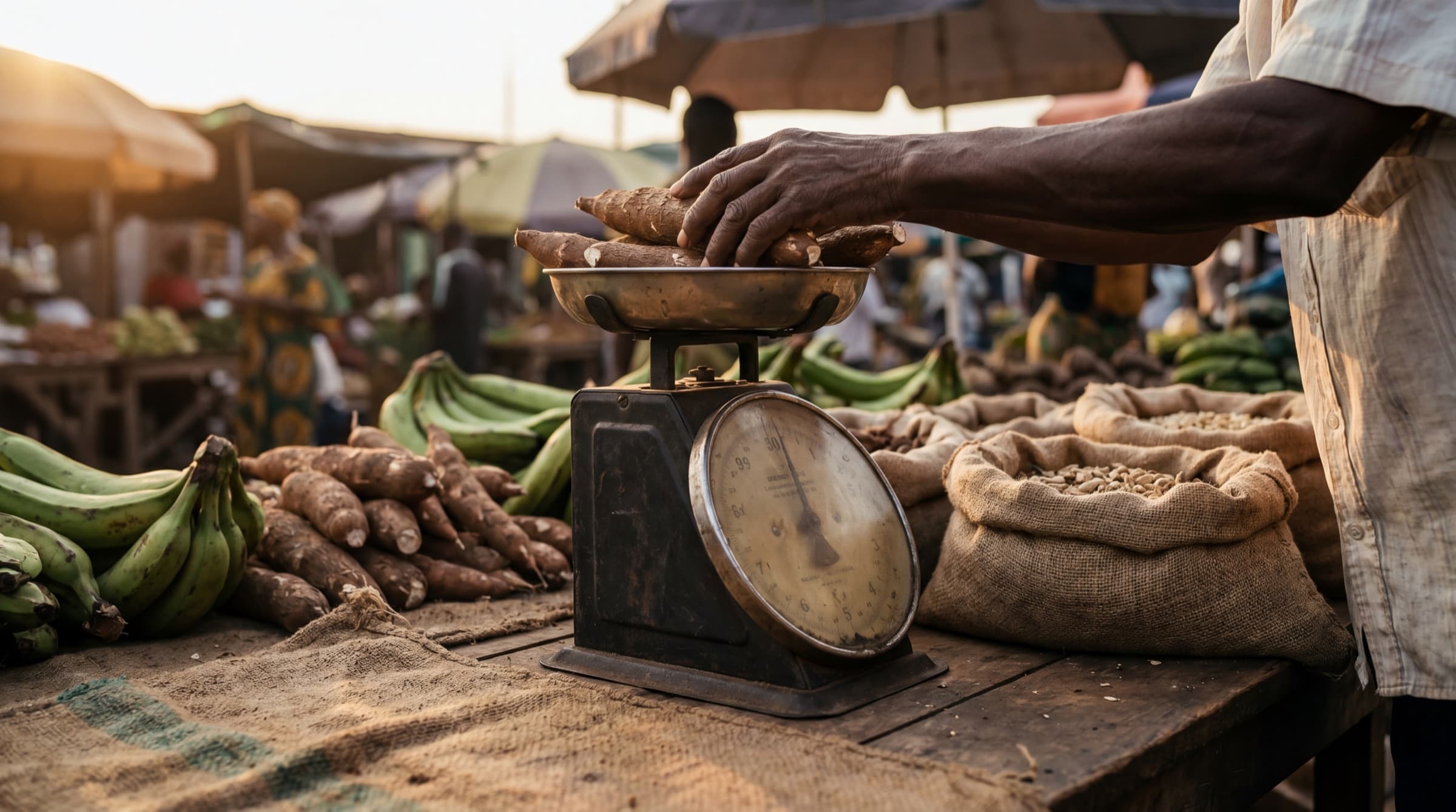 Marché de Brazzaville à l'aube — pesée de manioc sur balance traditionnelle